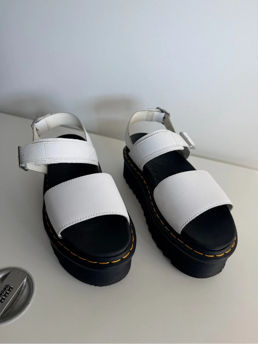 Dr Martens White Platform Leather Sandals with Black Sole